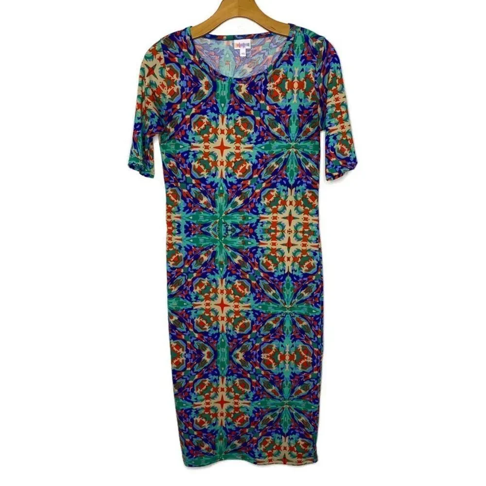 LulaRoe Midi Pencil Sheath Dress Multi Color Bold Geometric Print XS